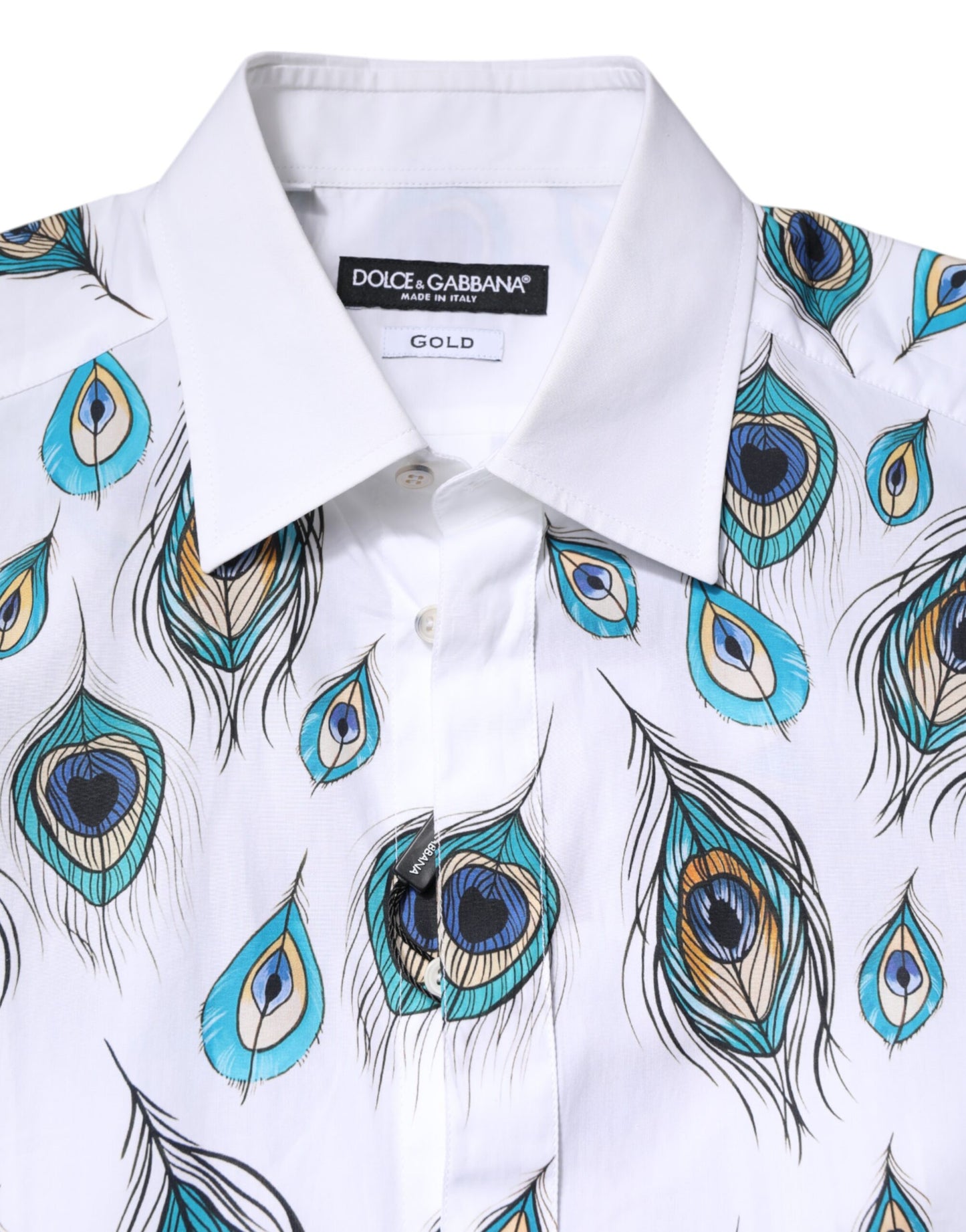 White Cotton Feather Print GOLD Dress Shirt-Dolce & Gabbana-LabelTerrace.com