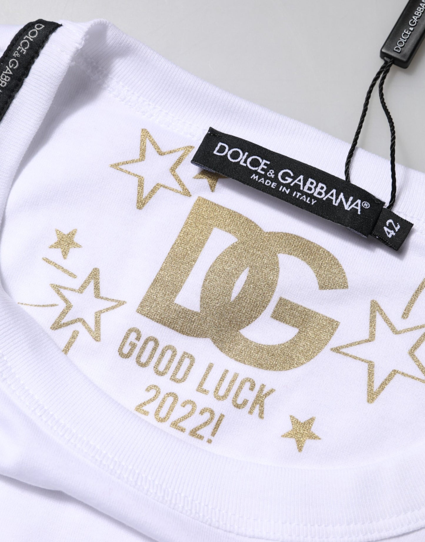 White Cotton Goodluck 2022 Crew Neck T-shirt-Dolce & Gabbana-LabelTerrace.com