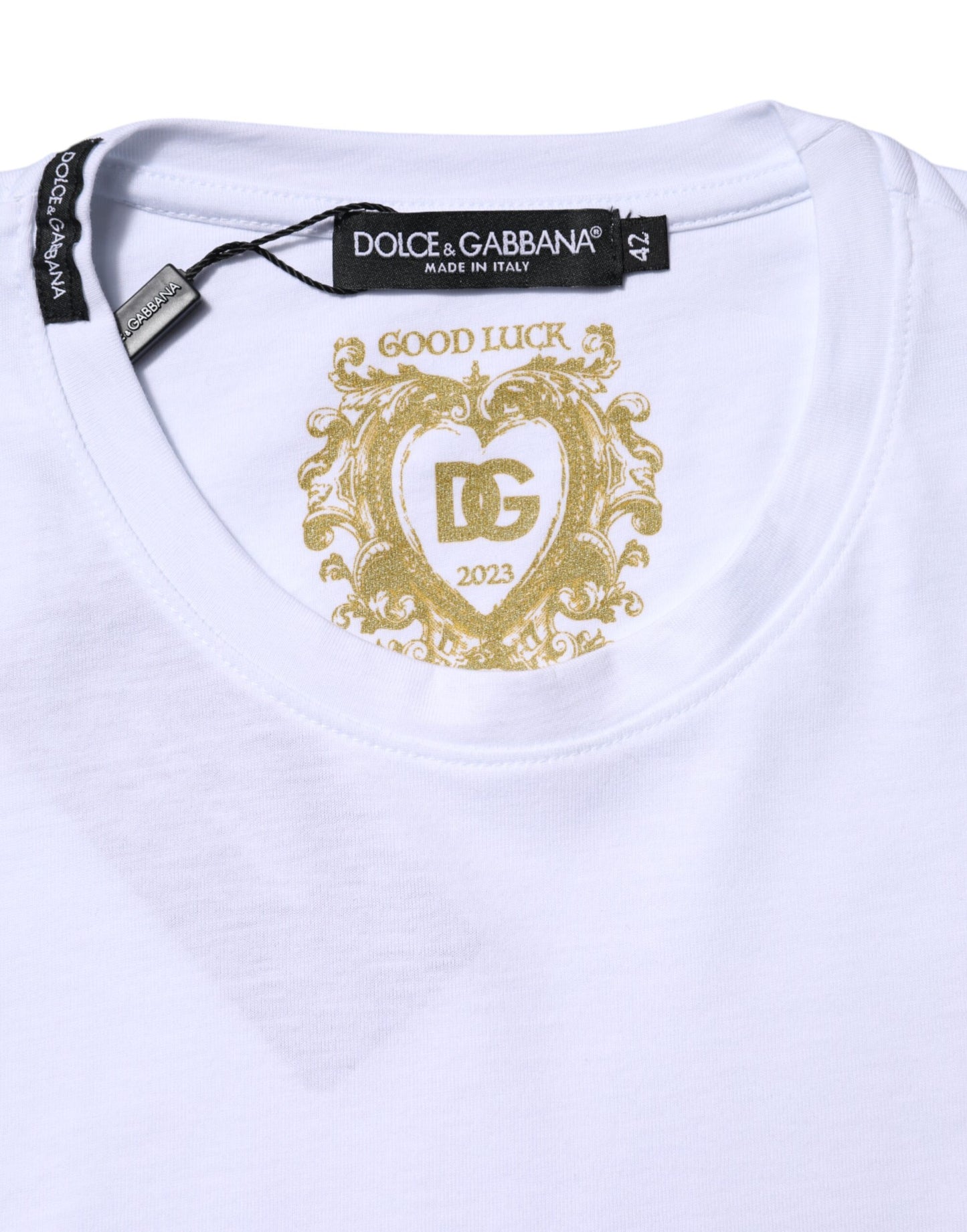 White Cotton Goodluck 2023 Crew Neck T-shirt-Dolce & Gabbana-LabelTerrace.com