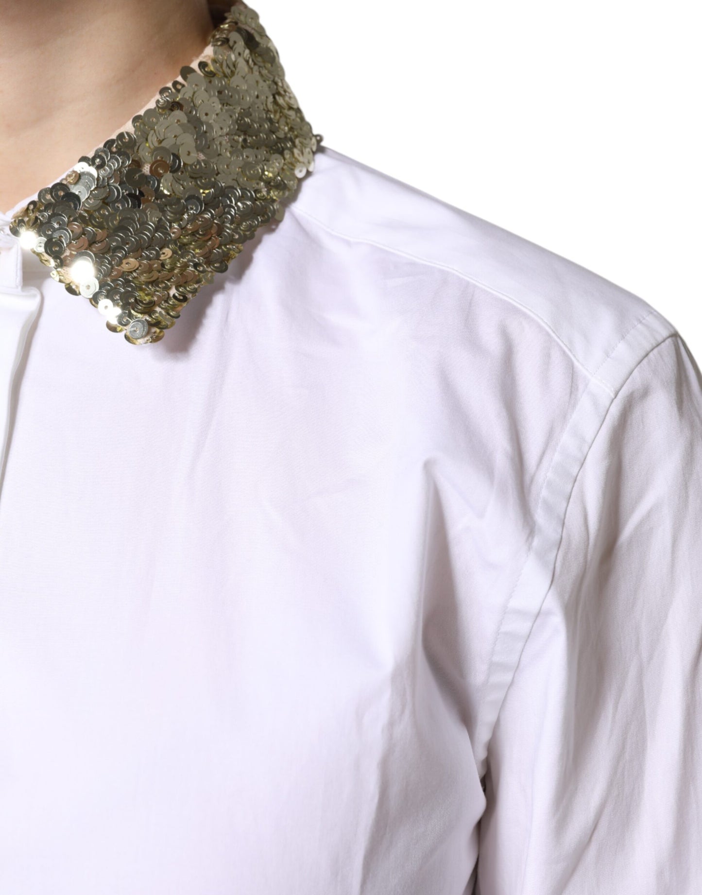 White Cotton Long Sleeves Sequin Shirt Top-Dolce & Gabbana-LabelTerrace.com