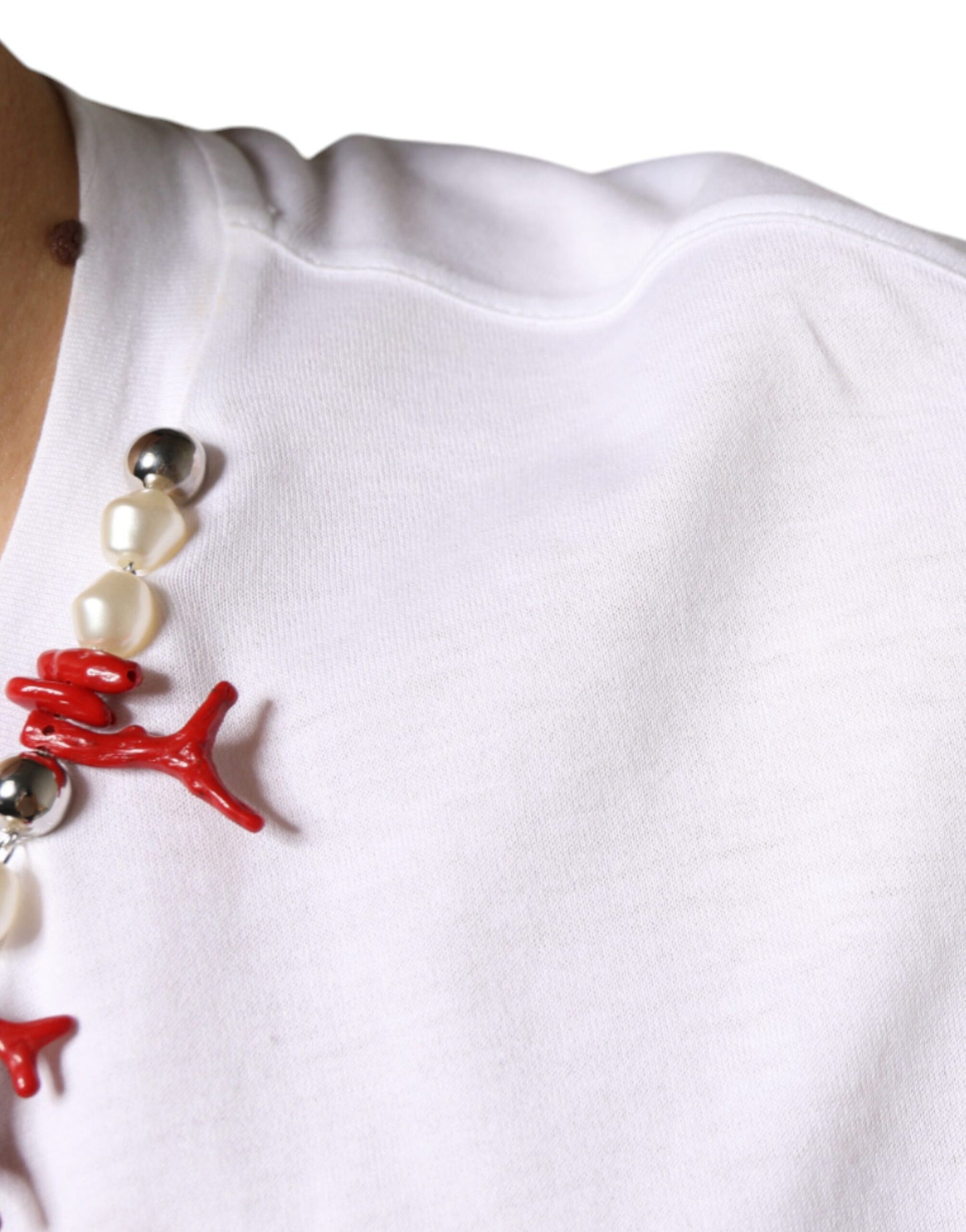 White Cotton Necklace Embellished T-shirt-Dolce & Gabbana-LabelTerrace.com