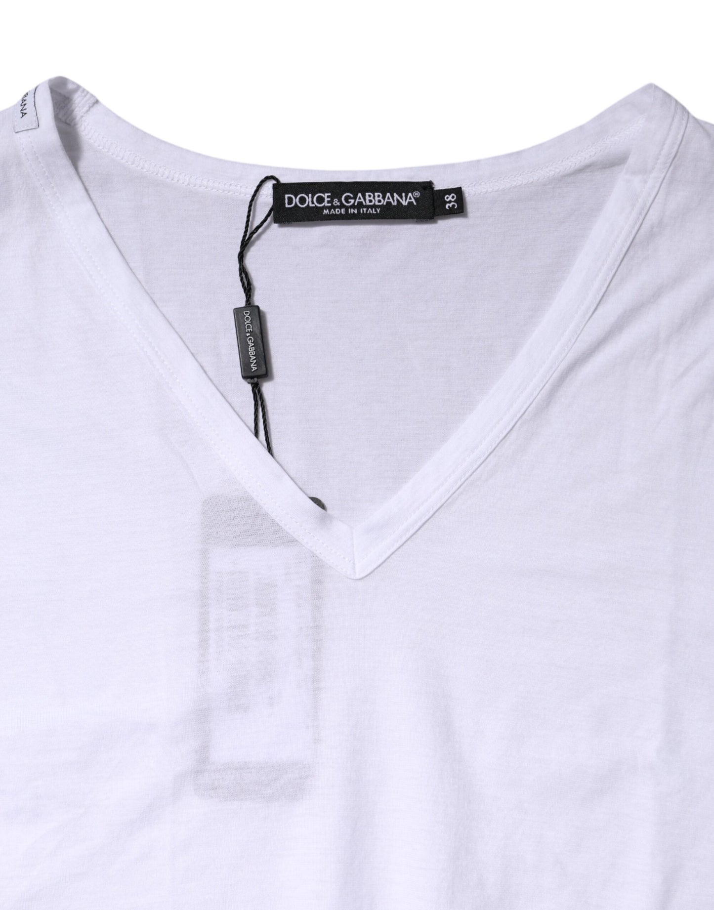 White Cotton Short Sleeves V-Neck Top T-shirt-Dolce & Gabbana-LabelTerrace.com