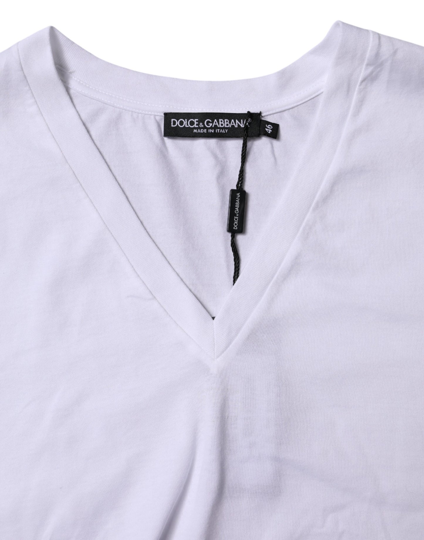 White Cotton Short Sleeves V-neck T-shirt-Dolce & Gabbana-LabelTerrace.com