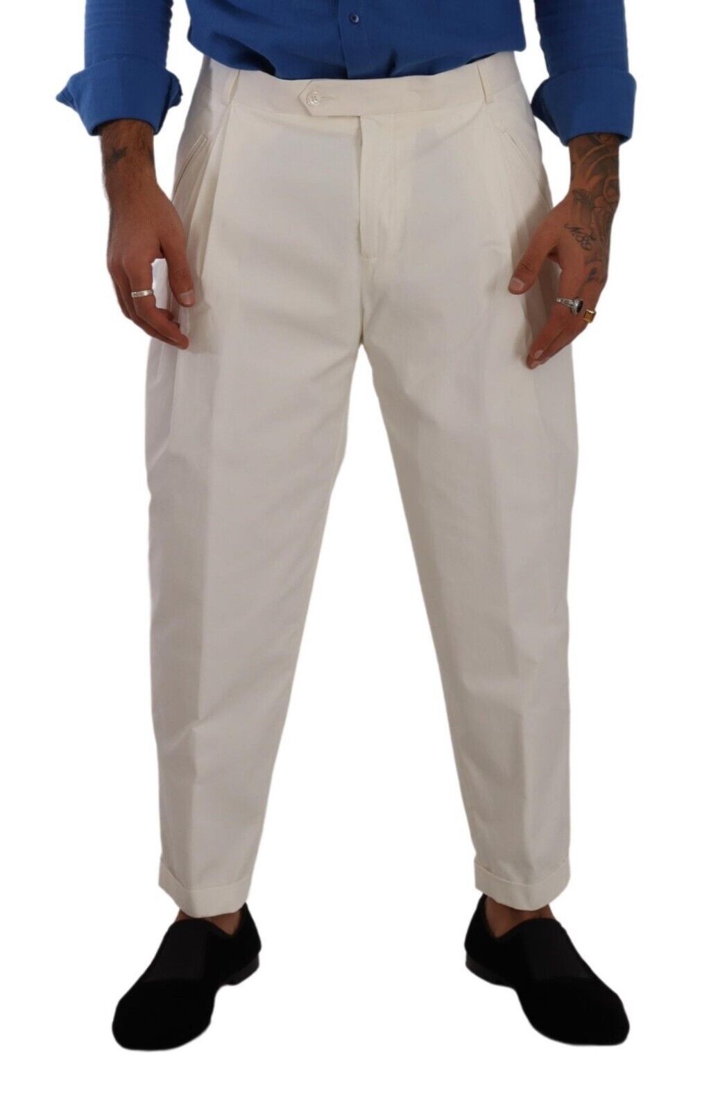 White Cotton Tapered Men Trouser Dress Pants-Dolce & Gabbana-LabelTerrace.com