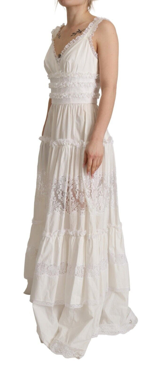 White Cotton Tiered Long Maxi A-line Dress-Dolce & Gabbana-LabelTerrace.com