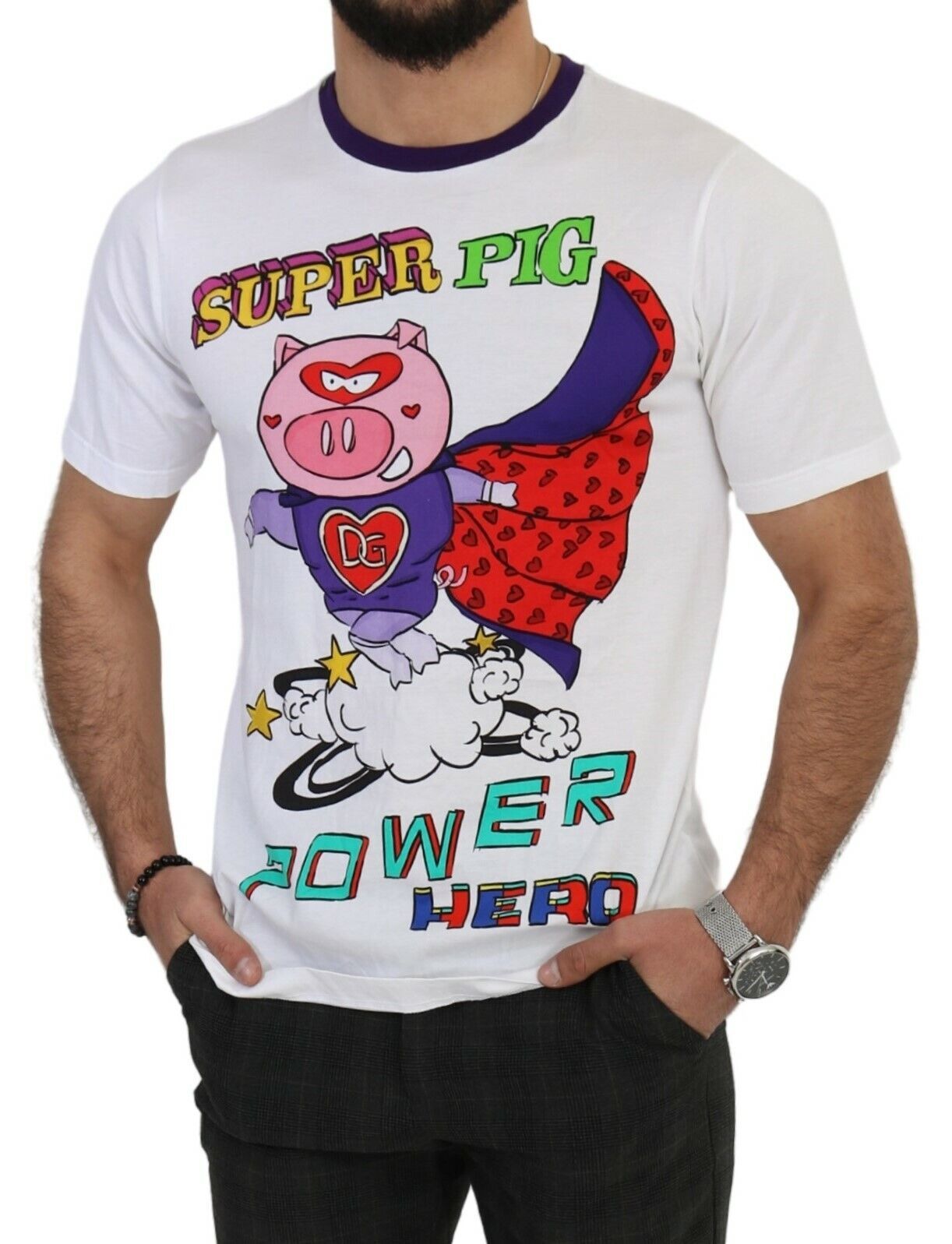 White Cotton Top Super Power Pig T-shirt-Dolce & Gabbana-LabelTerrace.com