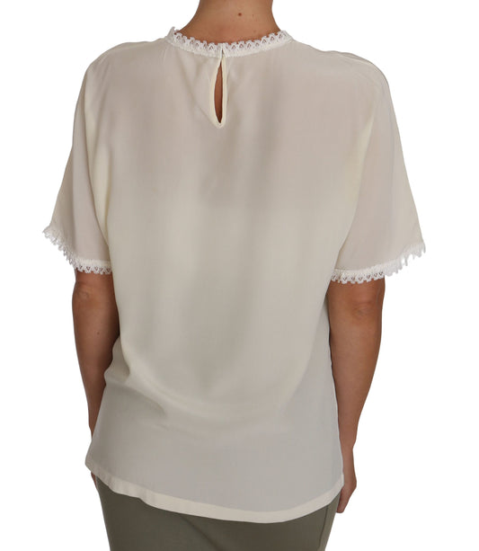 White Cream Silk Lace Top Blouse T-Shirt-Dolce & Gabbana-LabelTerrace.com
