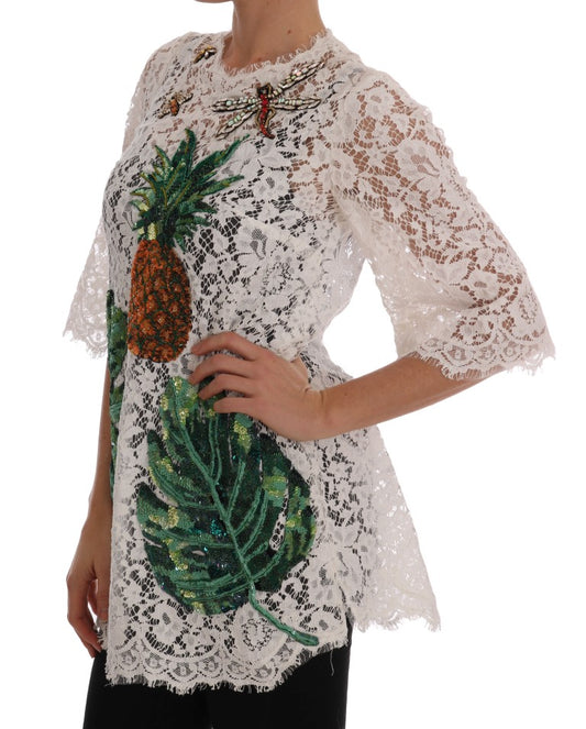 White Crystal Embellished Lace Blouse-Dolce & Gabbana-LabelTerrace.com