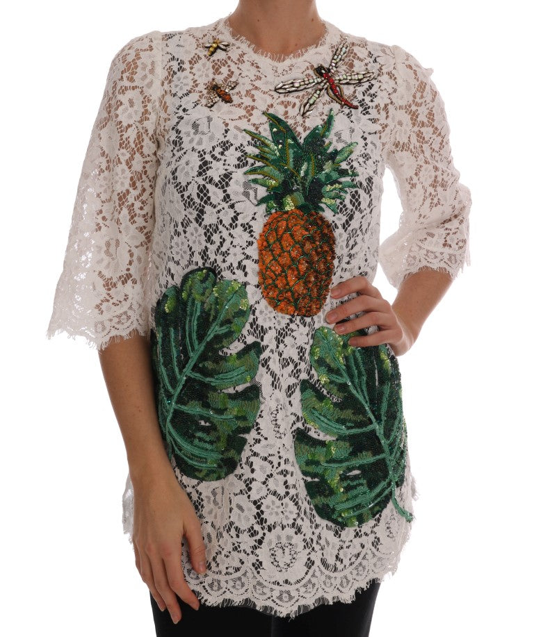 White Crystal Embellished Lace Blouse-Dolce & Gabbana-LabelTerrace.com