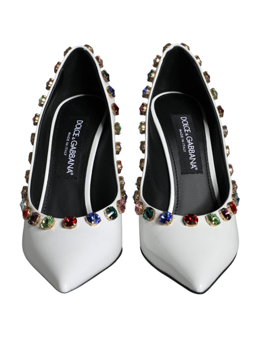 White Crystal Leather High Heels Pumps Shoes-Dolce & Gabbana-LabelTerrace.com