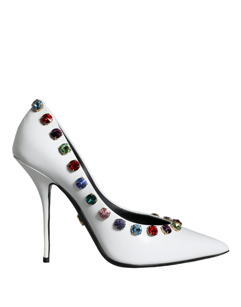 White Crystal Leather High Heels Pumps Shoes-Dolce & Gabbana-LabelTerrace.com
