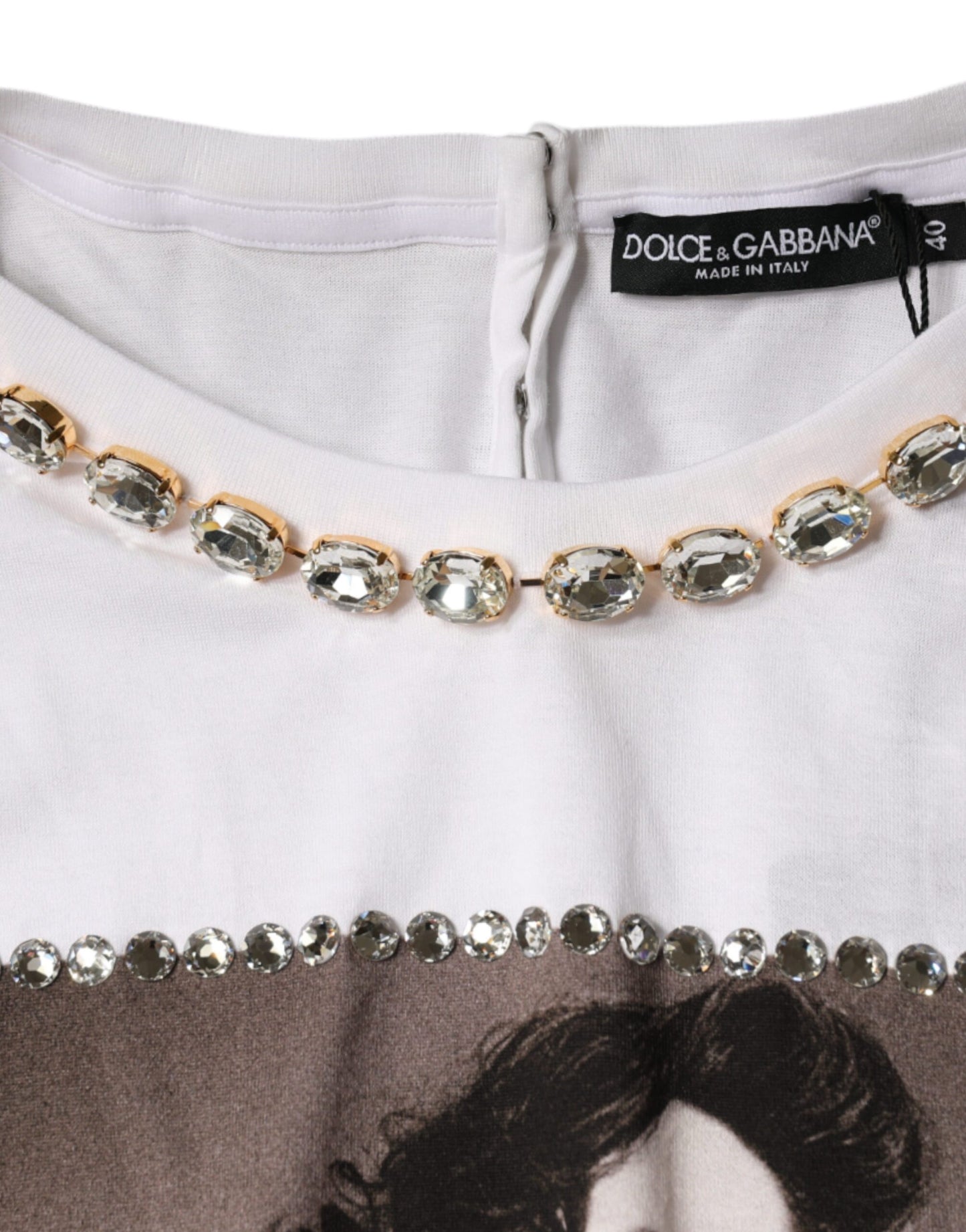 White Crystal Neckline Embellished Printed T-shirt-Dolce & Gabbana-LabelTerrace.com