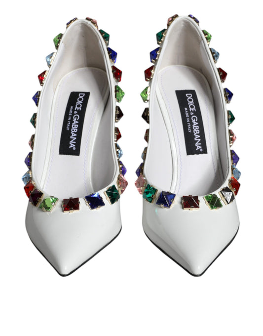 White Crystals Leather High Heels Pumps Shoes-Dolce & Gabbana-LabelTerrace.com