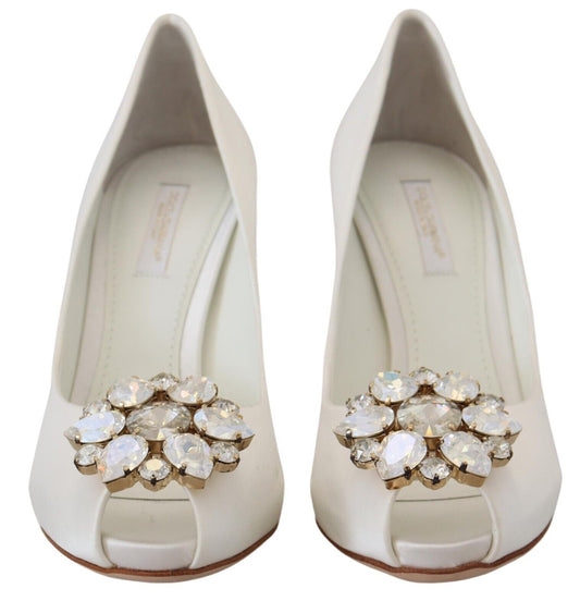 White Crystals Peep Toe Heel Satin Pumps-Dolce & Gabbana-LabelTerrace.com