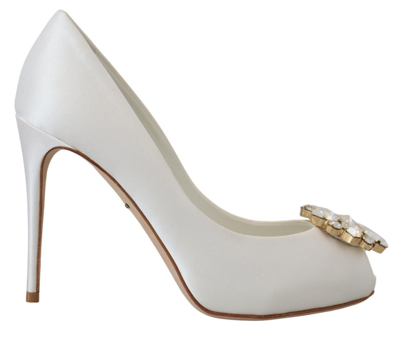 White Crystals Peep Toe Heel Satin Pumps-Dolce & Gabbana-LabelTerrace.com