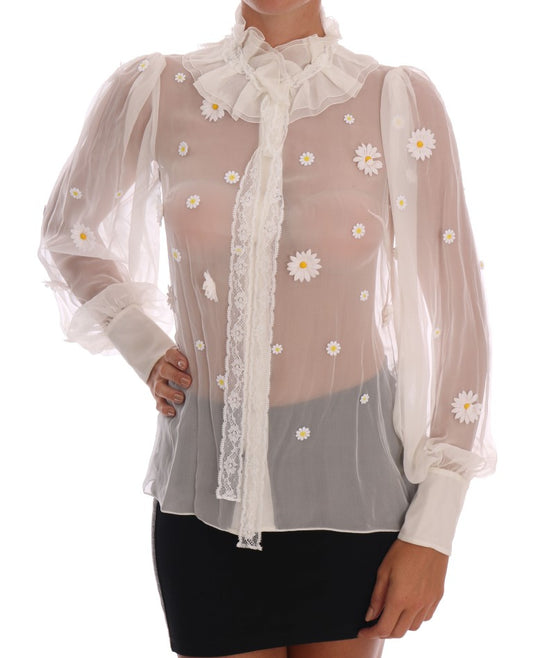 White Daisy Applique Silk Shirt-Dolce & Gabbana-LabelTerrace.com