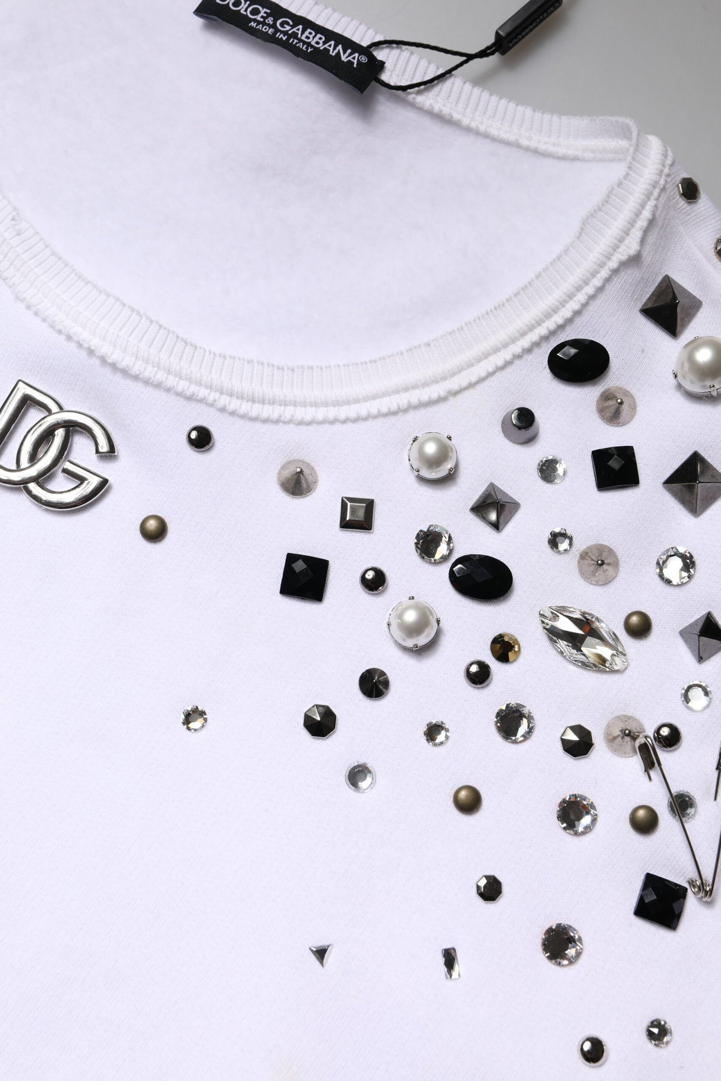 White Embellished Long Sleeve Cropped Sweater-Dolce & Gabbana-LabelTerrace.com