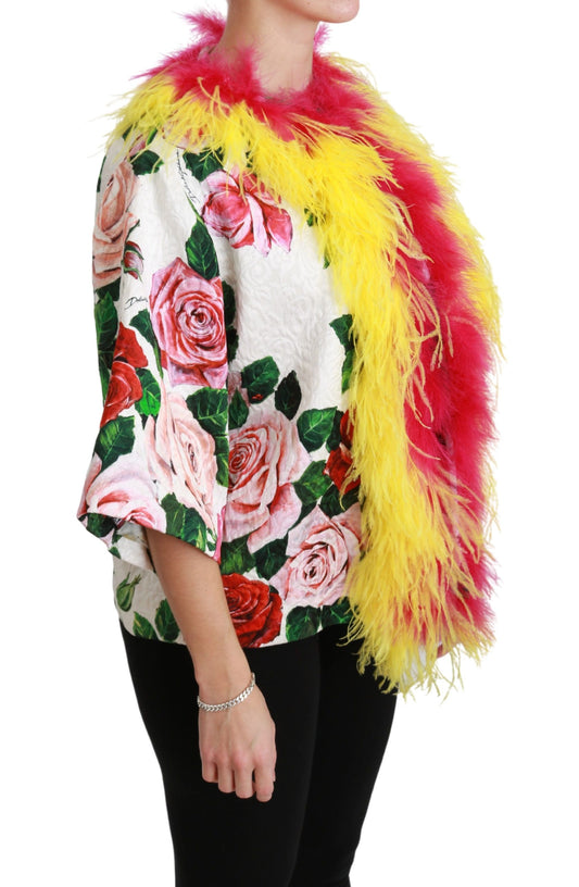 White Floral Coat Capte Fur Roses Jacket-Dolce & Gabbana-LabelTerrace.com