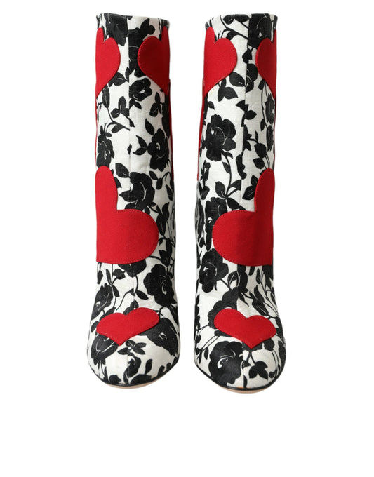 White Floral Hearts Leather High Boots Shoes-Dolce & Gabbana-LabelTerrace.com