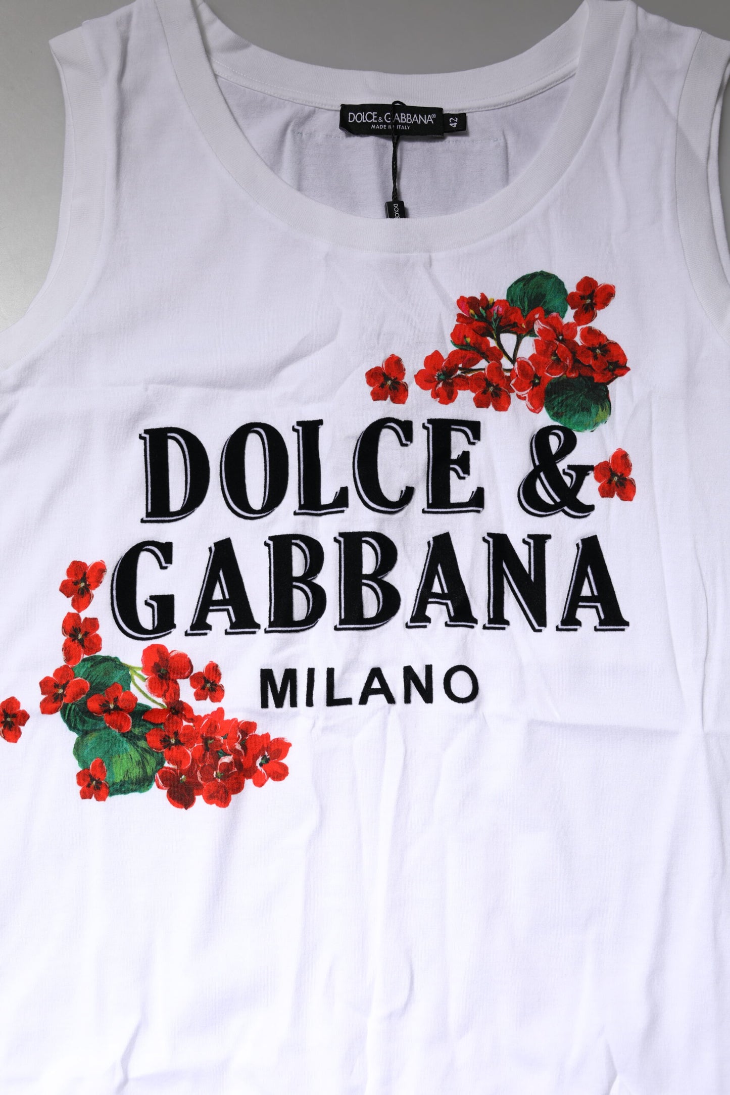 White Floral Printed Cotton Sleeveless T-shirt-Dolce & Gabbana-LabelTerrace.com