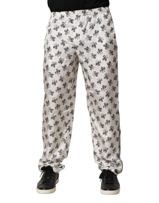 White Floral Silk Casual Lounge Pants-Dolce & Gabbana-LabelTerrace.com
