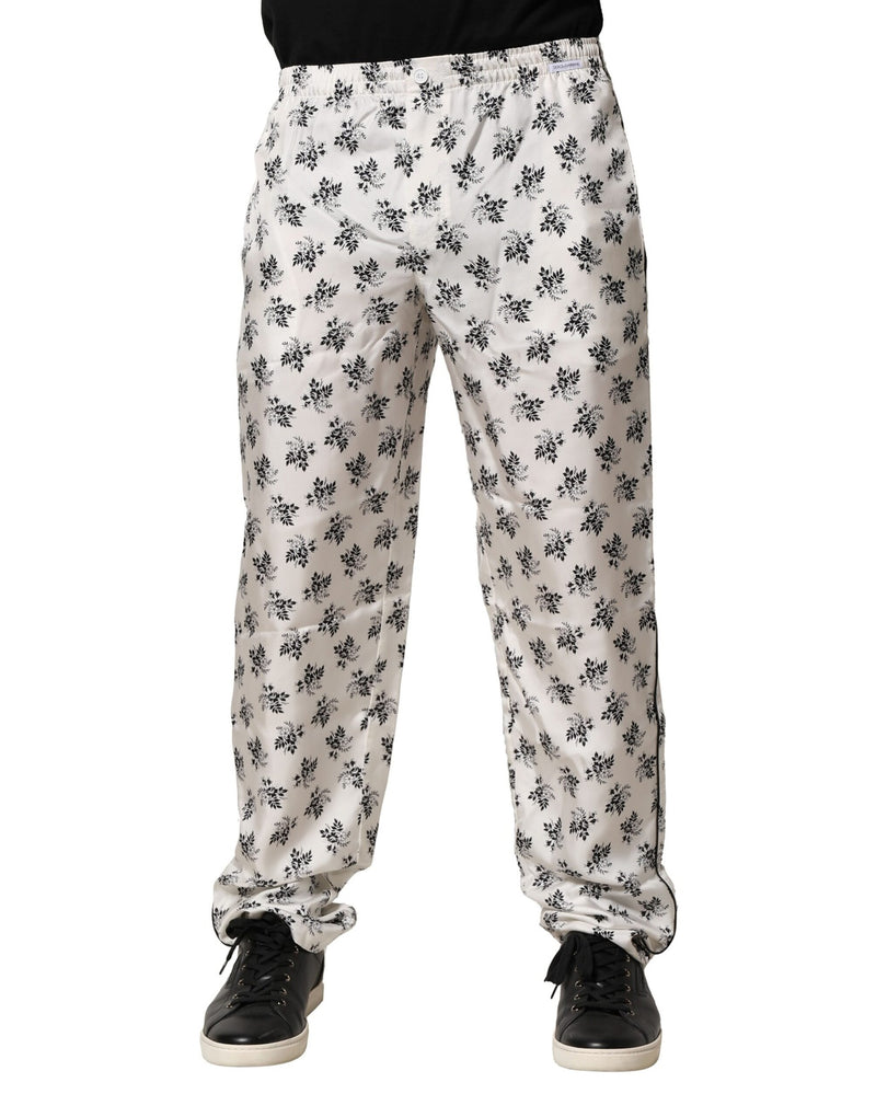 White Floral Silk Casual Lounge Pants-Dolce & Gabbana-LabelTerrace.com