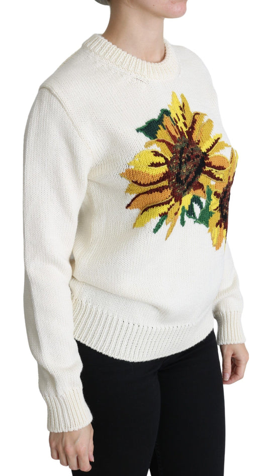 White Floral Wool Pullover Sunflower Sweater-Dolce & Gabbana-LabelTerrace.com