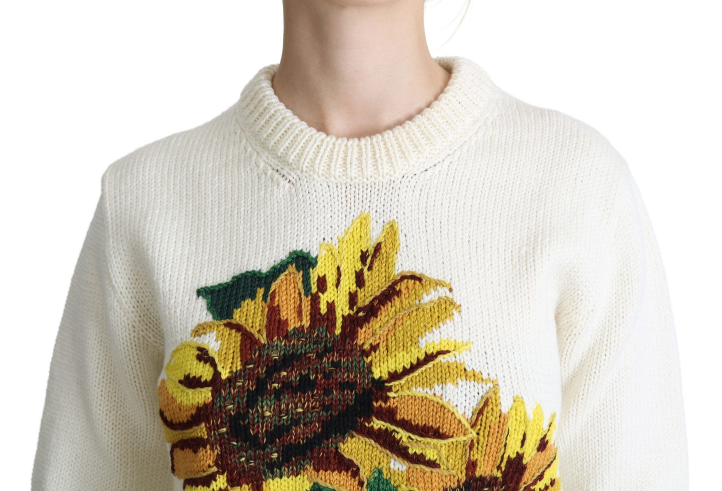 White Floral Wool Pullover Sunflower Sweater-Dolce & Gabbana-LabelTerrace.com