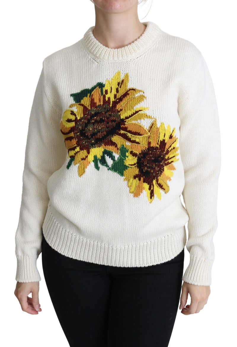 White Floral Wool Pullover Sunflower Sweater-Dolce & Gabbana-LabelTerrace.com