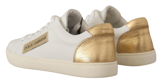 White Gold Leather Low Top Sneakers-Dolce & Gabbana-LabelTerrace.com