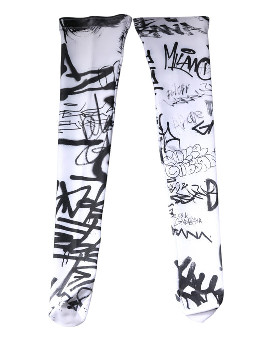 White Graffiti Cotton Over Calf Stockings Socks-Dolce & Gabbana-LabelTerrace.com