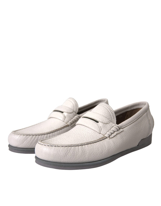 White Gray Leather Slip Mocassin Shoes Loafer-Dolce & Gabbana-LabelTerrace.com
