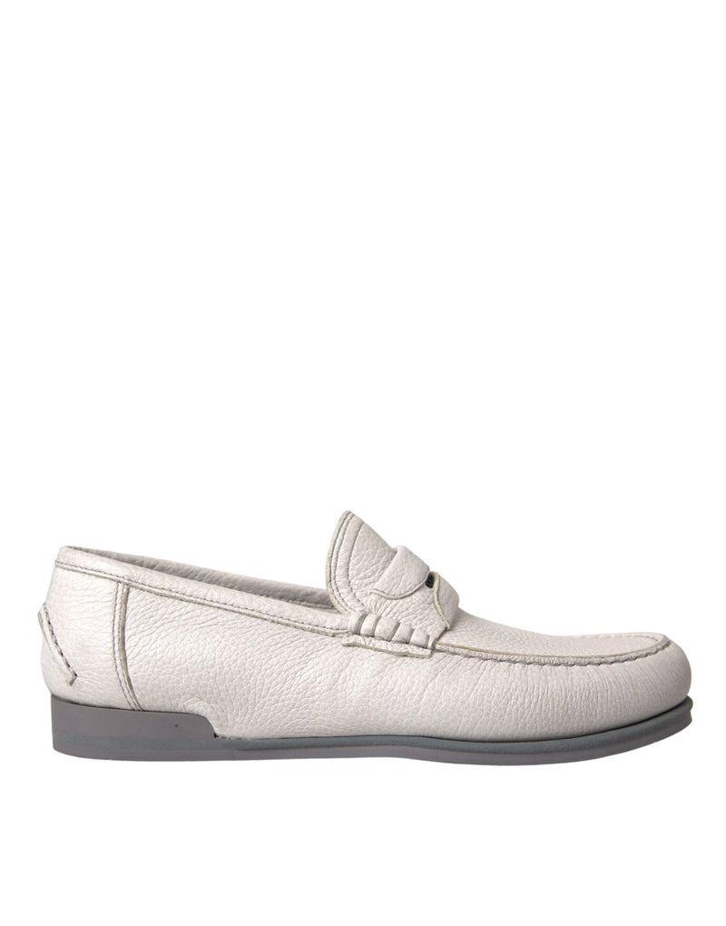 White Gray Leather Slip Mocassin Shoes Loafer-Dolce & Gabbana-LabelTerrace.com
