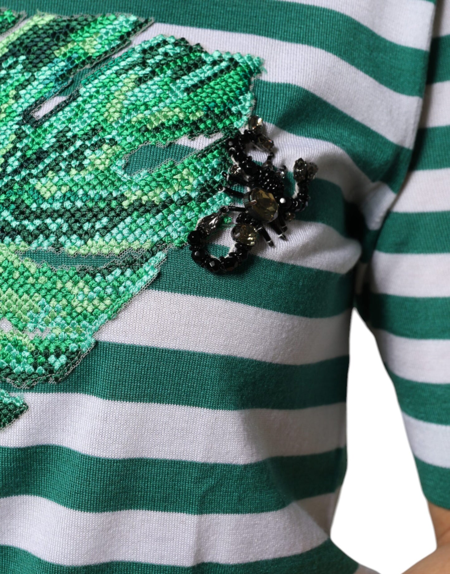 White Green Stripe Leaf Crew Neck T-shirt-Dolce & Gabbana-LabelTerrace.com