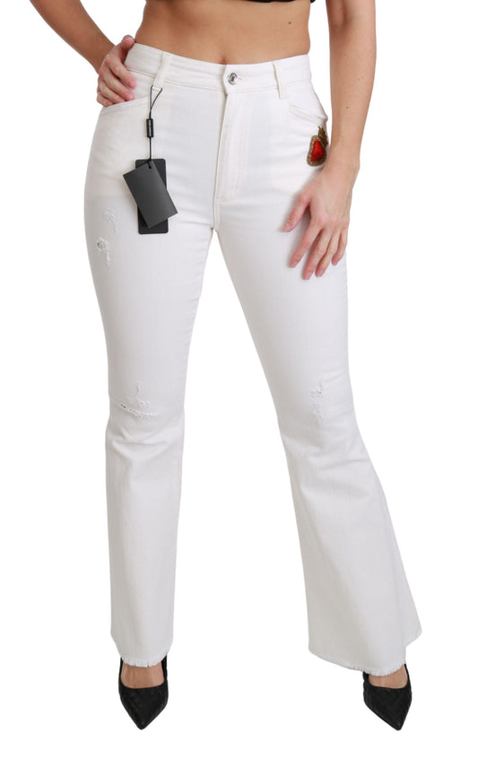White Heart Flared Stretch Cotton Pants-Dolce & Gabbana-LabelTerrace.com