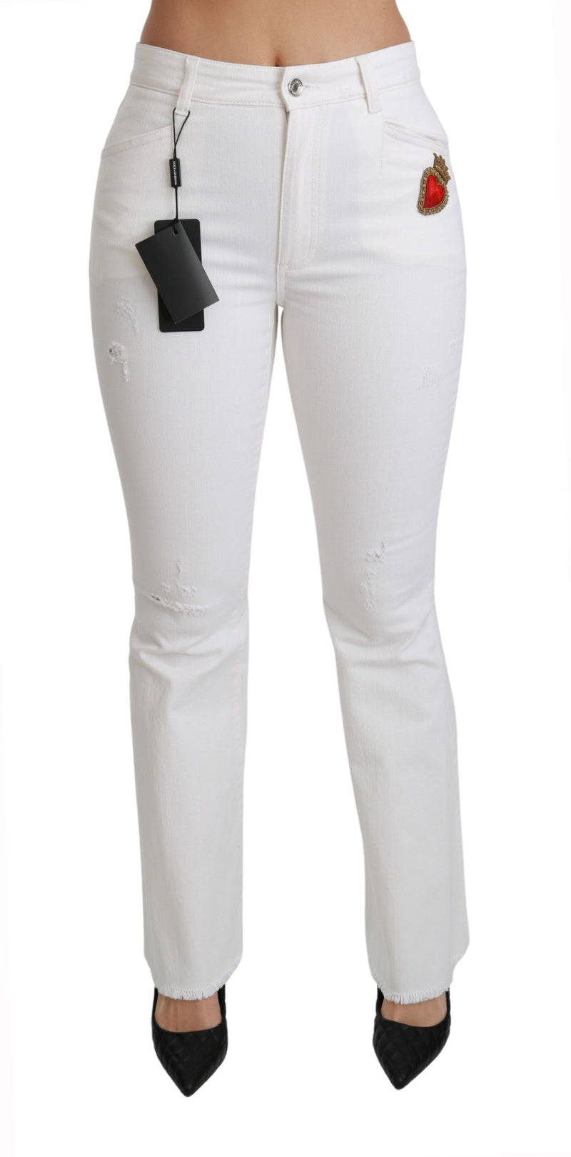 White Heart Flared Stretch Cotton Pants-Dolce & Gabbana-LabelTerrace.com
