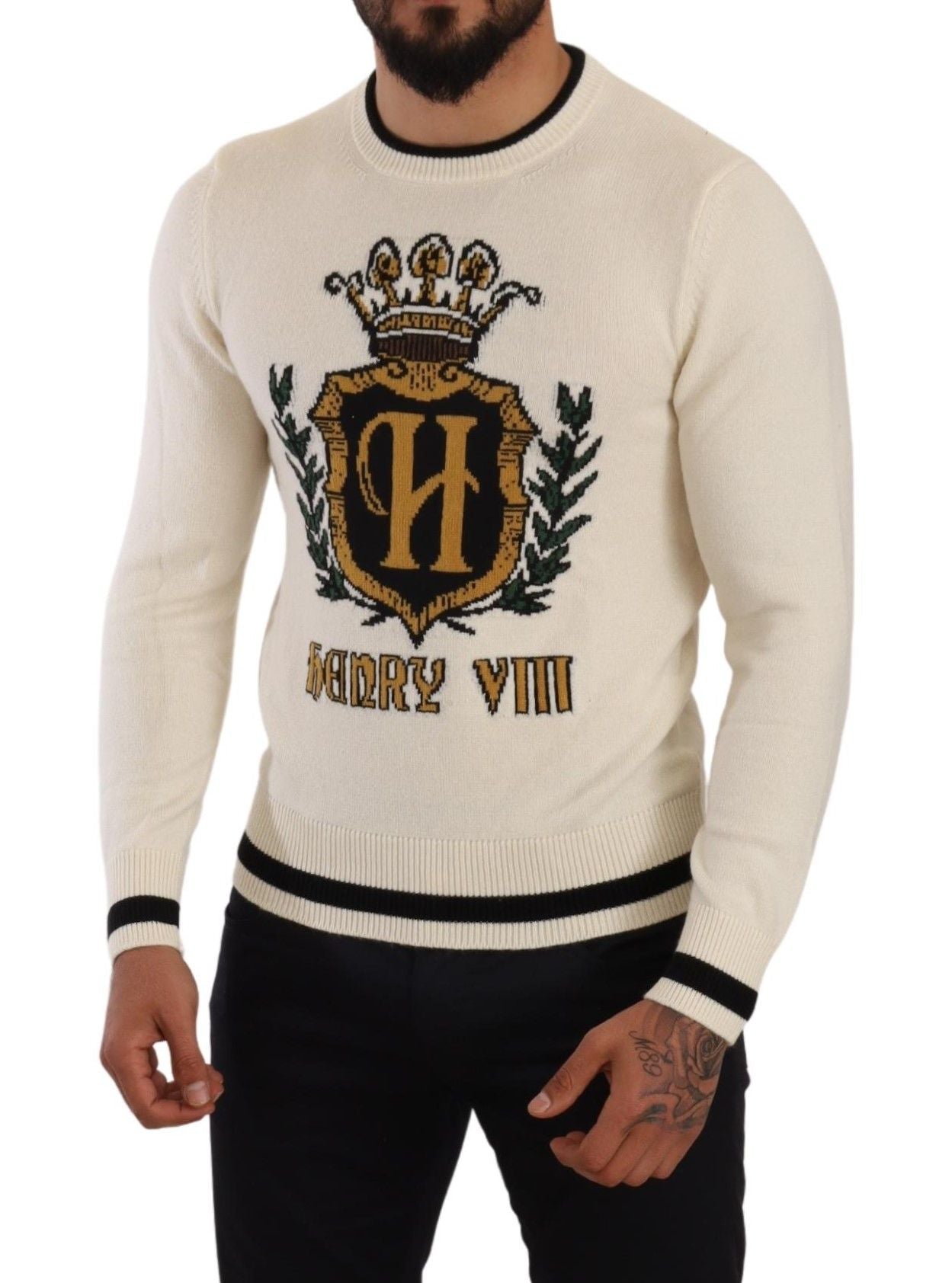 White Heraldic Cashmere Pullover Sweater-Dolce & Gabbana-LabelTerrace.com