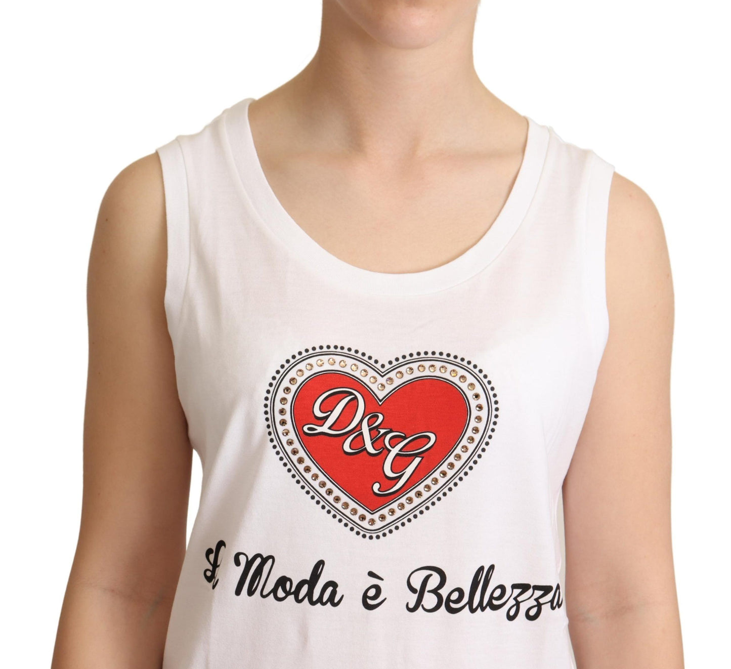 White La Moda Crystal Tank Top T-shirt-Dolce & Gabbana-LabelTerrace.com
