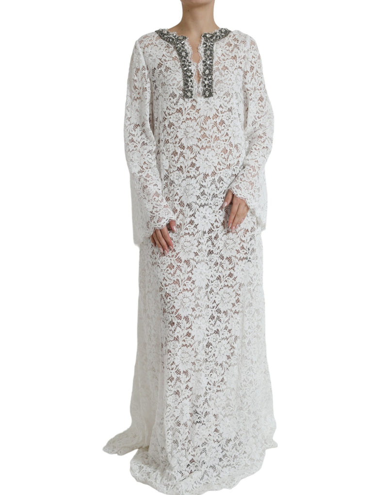 White Lace Crystal Embellished Shift Dress-Dolce & Gabbana-LabelTerrace.com