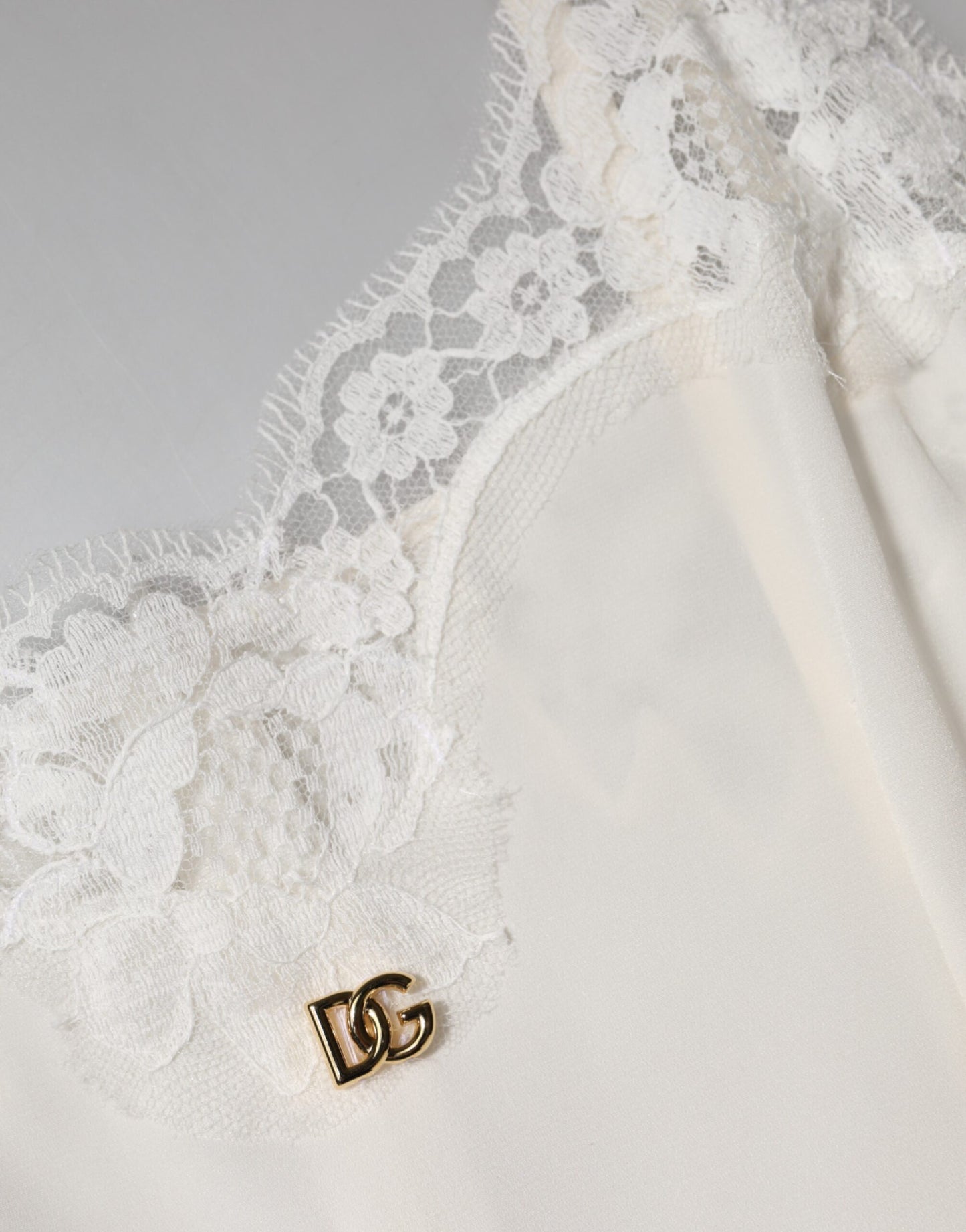 White Lace Gold DG Logo Silk Dress Sleepwear-Dolce & Gabbana-LabelTerrace.com