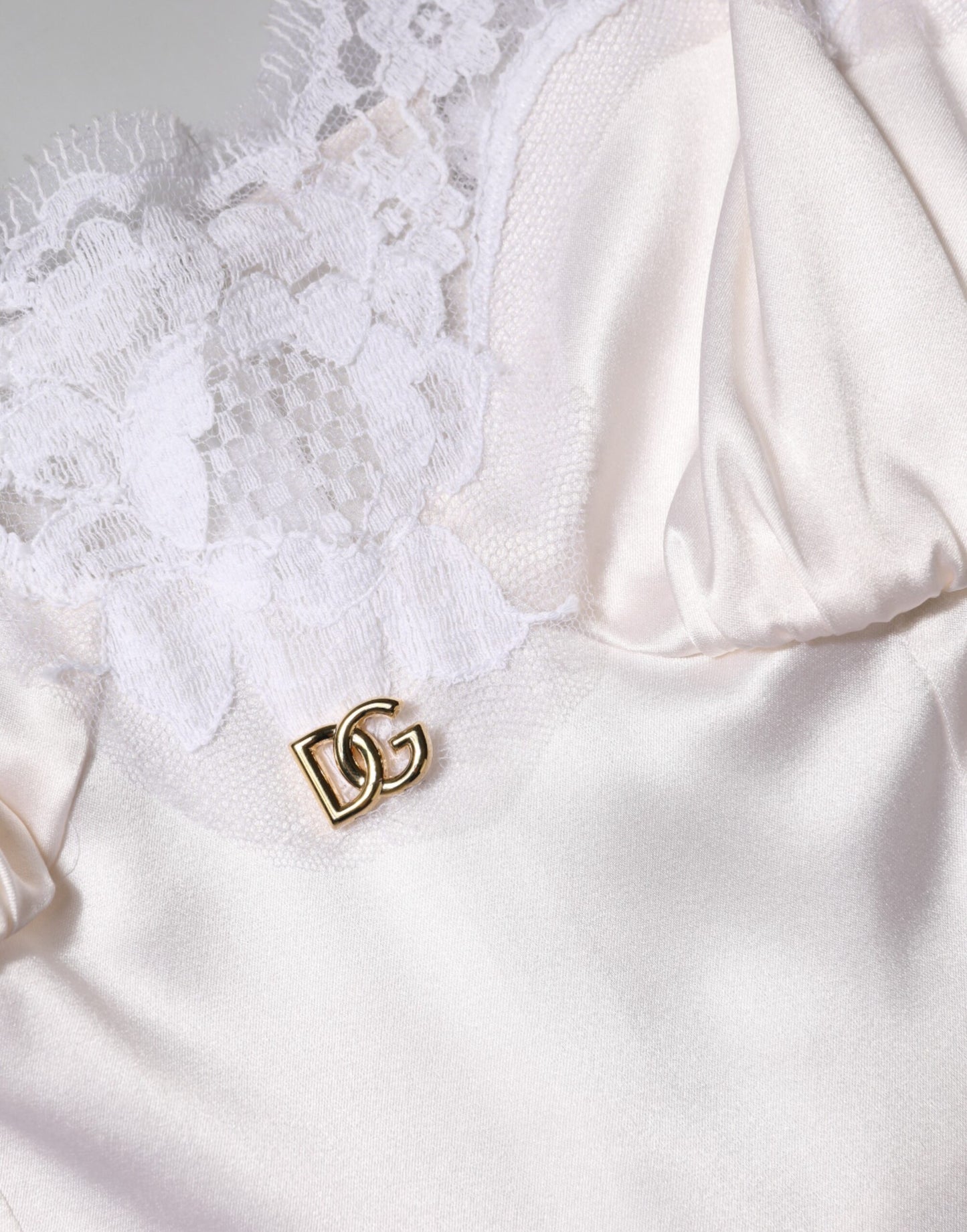 White Lace Gold DG Logo Silk Dress Sleepwear-Dolce & Gabbana-LabelTerrace.com