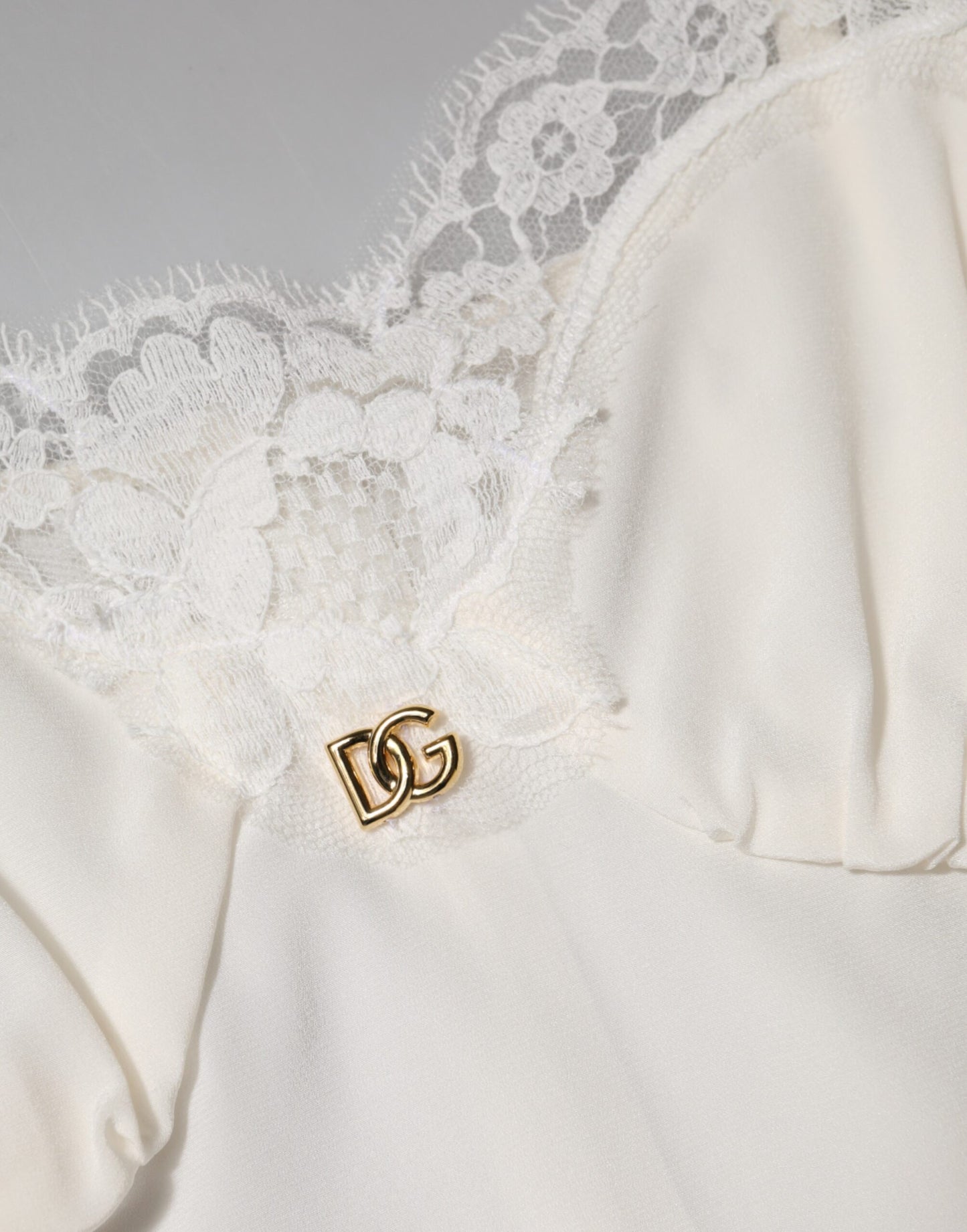 White Lace Gold DG Logo Silk Dress Sleepwear-Dolce & Gabbana-LabelTerrace.com