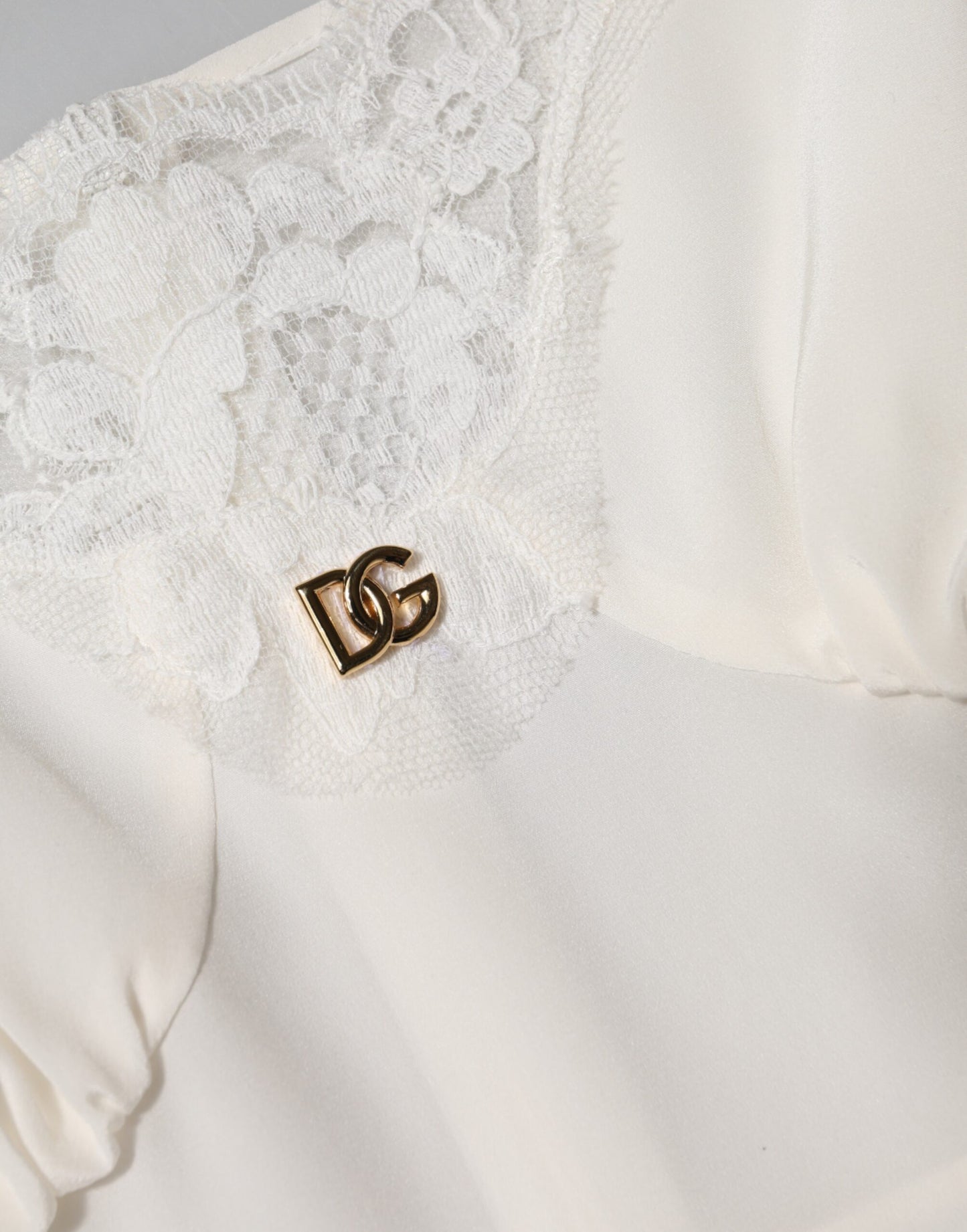 White Lace Gold DG Logo Silk Dress Sleepwear-Dolce & Gabbana-LabelTerrace.com