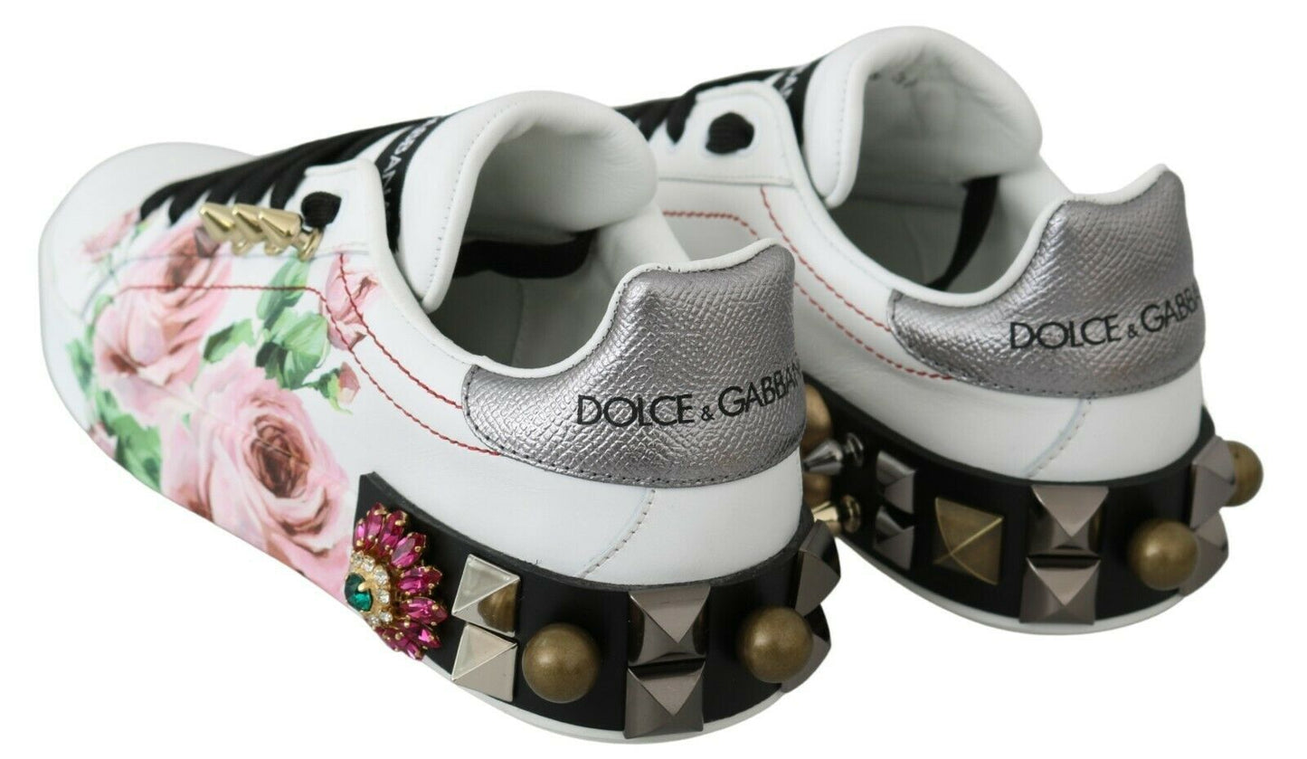 White Leather Crystal Roses Floral Sneakers Shoes-Dolce & Gabbana-LabelTerrace.com