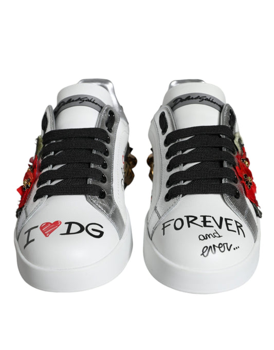 White Leather Floral Studded Sneakers Shoes-Dolce & Gabbana-LabelTerrace.com