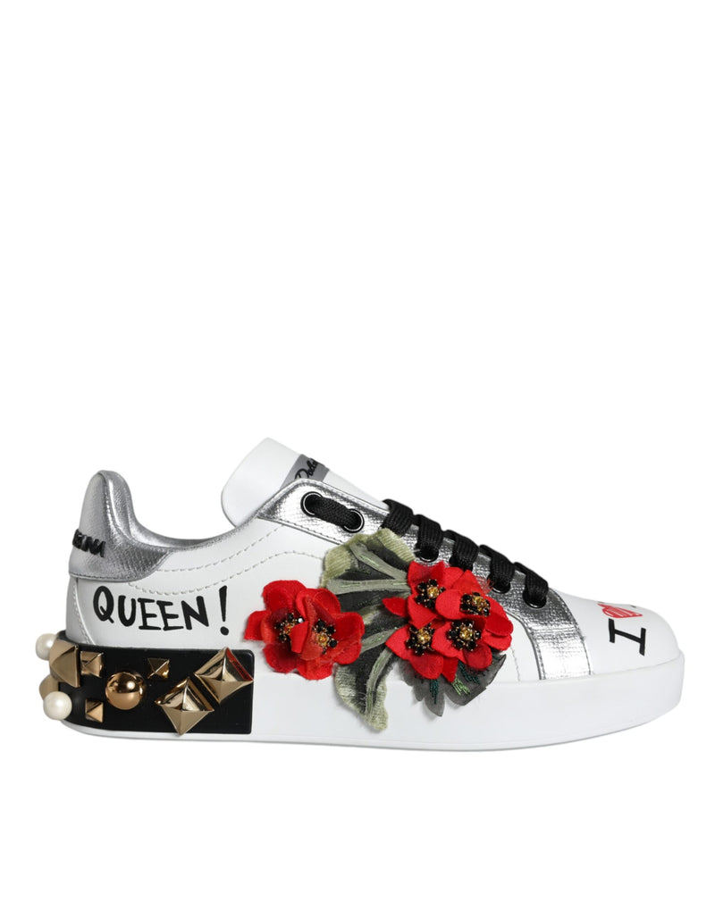 White Leather Floral Studded Sneakers Shoes-Dolce & Gabbana-LabelTerrace.com