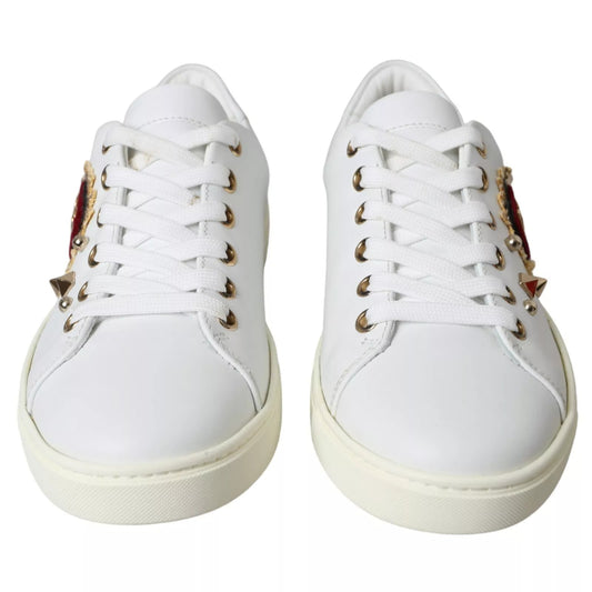 White Leather Gold Red Heart Sneakers Shoes-Dolce & Gabbana-LabelTerrace.com