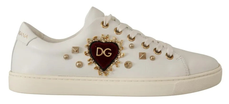 White Leather Gold Red Heart Sneakers Shoes-Dolce & Gabbana-LabelTerrace.com