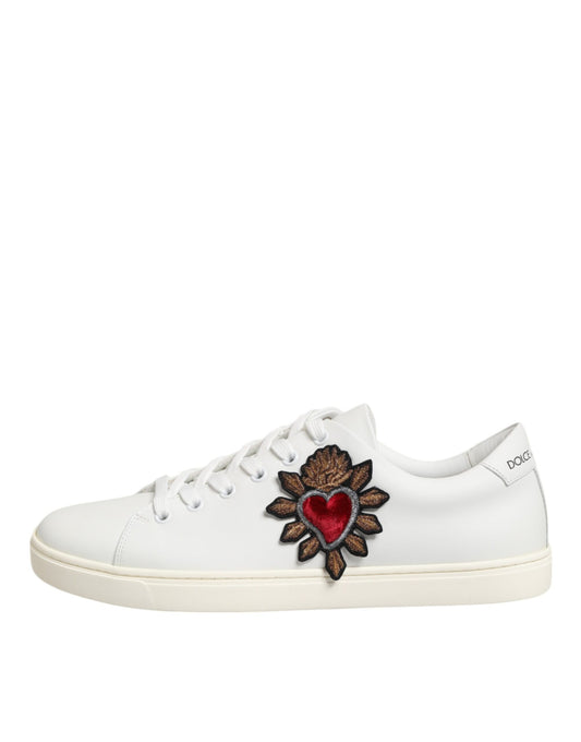White Leather Sacre Heart Patch Sneakers Shoes-Dolce & Gabbana-LabelTerrace.com