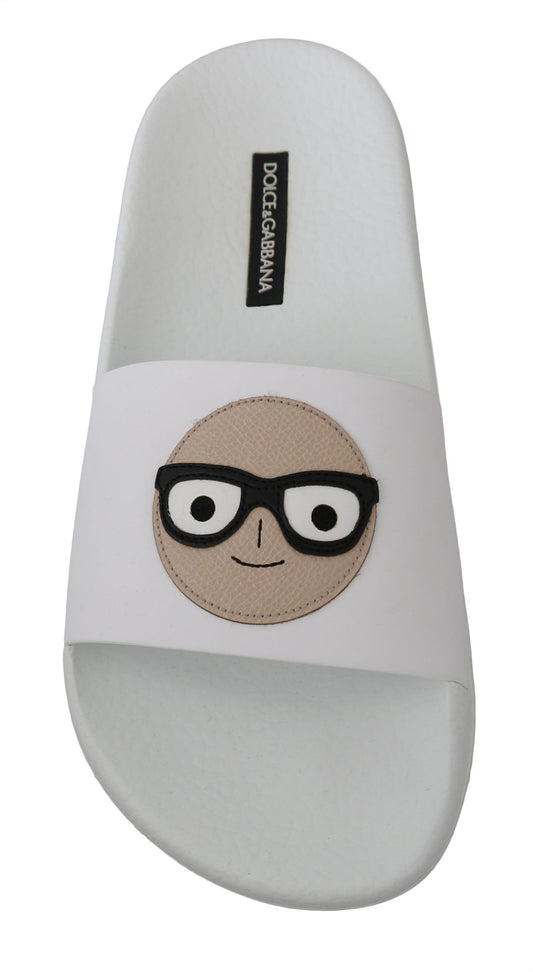 White Leather #dgfamily Slides Shoes Sandals-Dolce & Gabbana-LabelTerrace.com